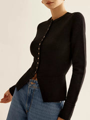 Black button-down slim fit cardigan with gold buttons and curved hem.