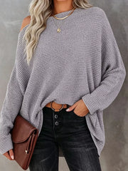 One-shoulder Waffle Knit Top in Brown, fabric detail