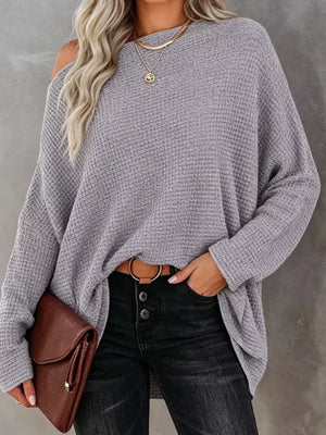 One-shoulder Waffle Knit Top in Brown, fabric detail
