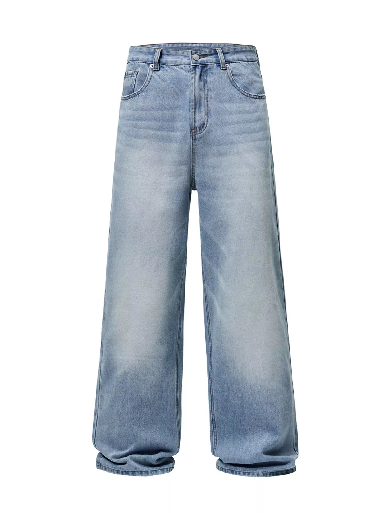 Men's wide-leg light blue wash denim jeans with a relaxed fit.