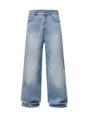 Men's wide-leg light blue wash denim jeans with a relaxed fit.