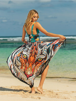 Pareo wrap with a bold tiger graphic print in multicolor, black, orange, and teal.