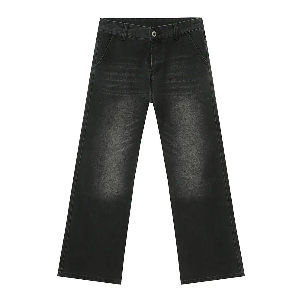 Dark wash wide leg jeans with front pockets and button fly.