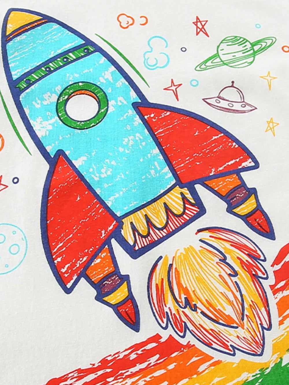 Kids' white cotton crew neck t-shirt with a colorful rocket ship graphic and space elements.