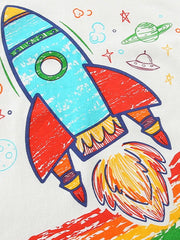 Kids' white cotton crew neck t-shirt with a colorful rocket ship graphic and space elements.
