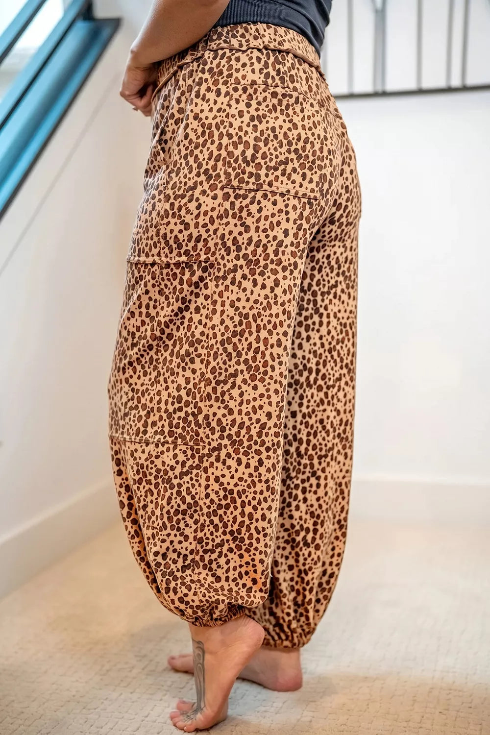 Leopard Print Drawstring Waist Pants in Camel, close-up detail