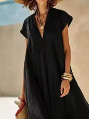 Chic V-neck Maxi Dress With Color-blocked Hem