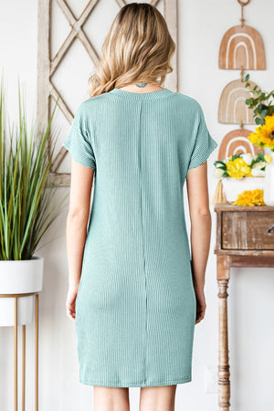 Teal ribbed knit t-shirt dress with short sleeves and a casual silhouette.
