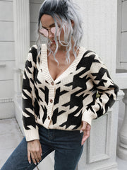Geometric houndstooth v-neck cardigan with button front in acrylic.