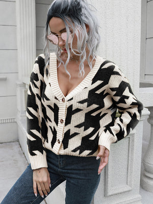 Geometric houndstooth v-neck cardigan with button front in acrylic.
