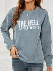 Textured corduroy crewneck sweatshirt in French Blue with graphic text and floral detail.