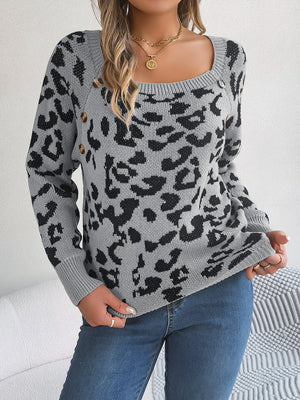 Charcoal leopard print acrylic sweater with button detail and square neckline.