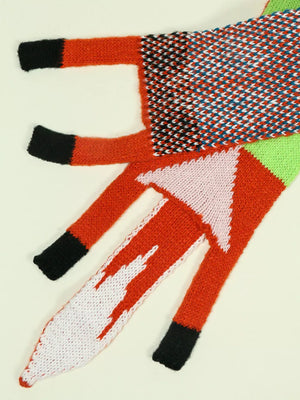 Chunky knit scarf with a fox design, featuring red, white, pink, black, and green colors.