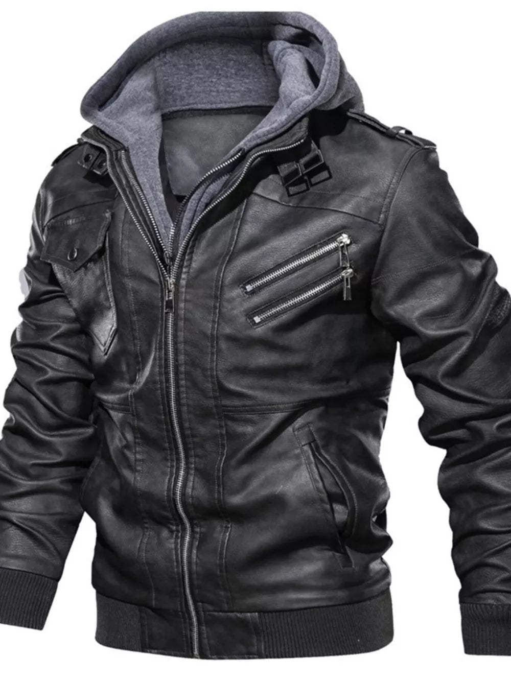 Men's black faux leather moto jacket with grey hoodie, zippered pockets, and snap epaulets.