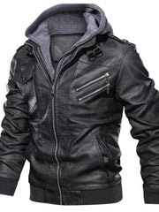 Men's black faux leather moto jacket with grey hoodie, zippered pockets, and snap epaulets.