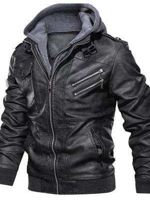 Men's black faux leather moto jacket with grey hoodie, zippered pockets, and snap epaulets.