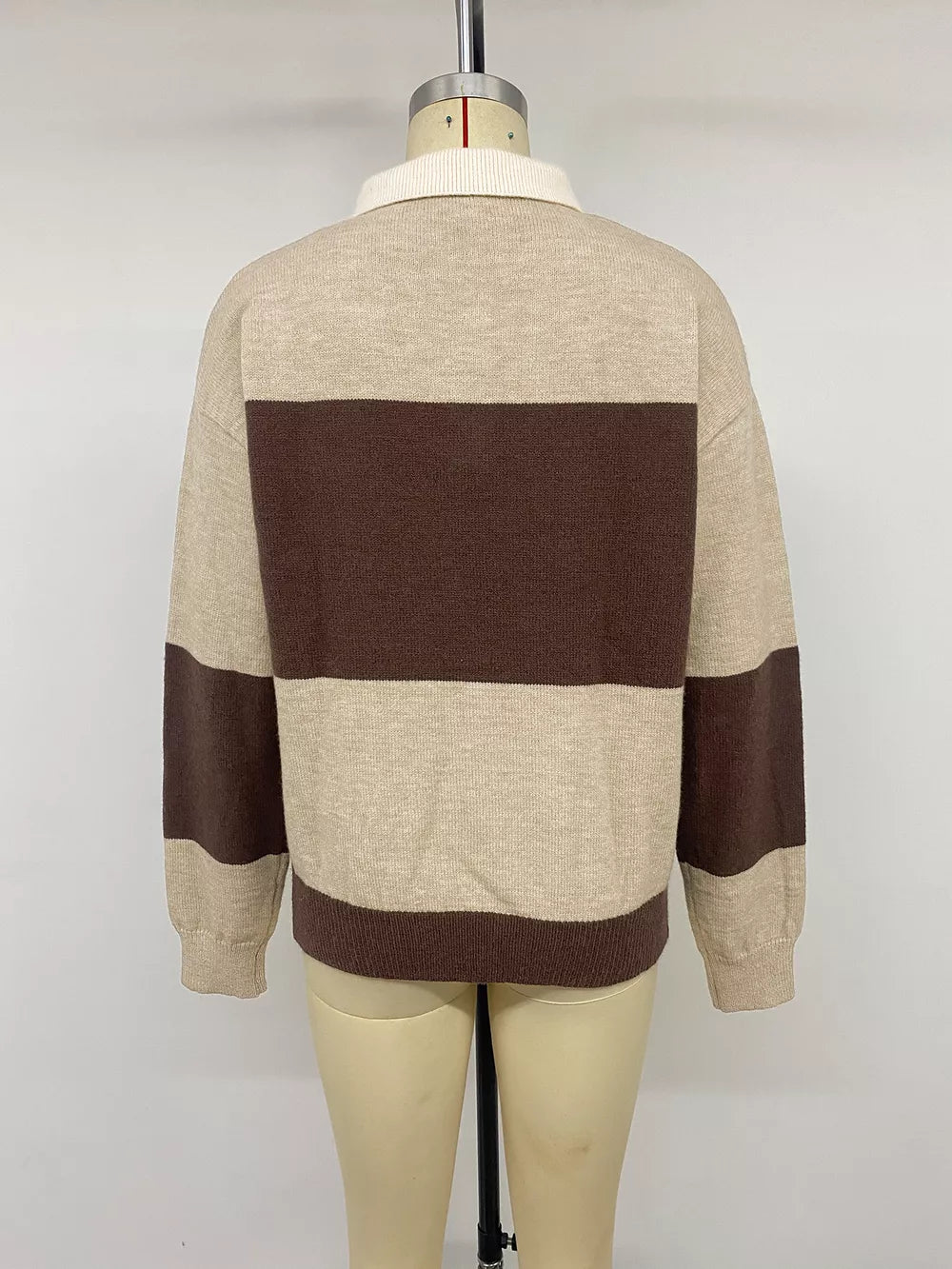 Color Block Polo Collar Sweater in Coffee Brown, fit detail