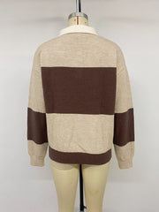 Color Block Polo Collar Sweater in Coffee Brown, fit detail