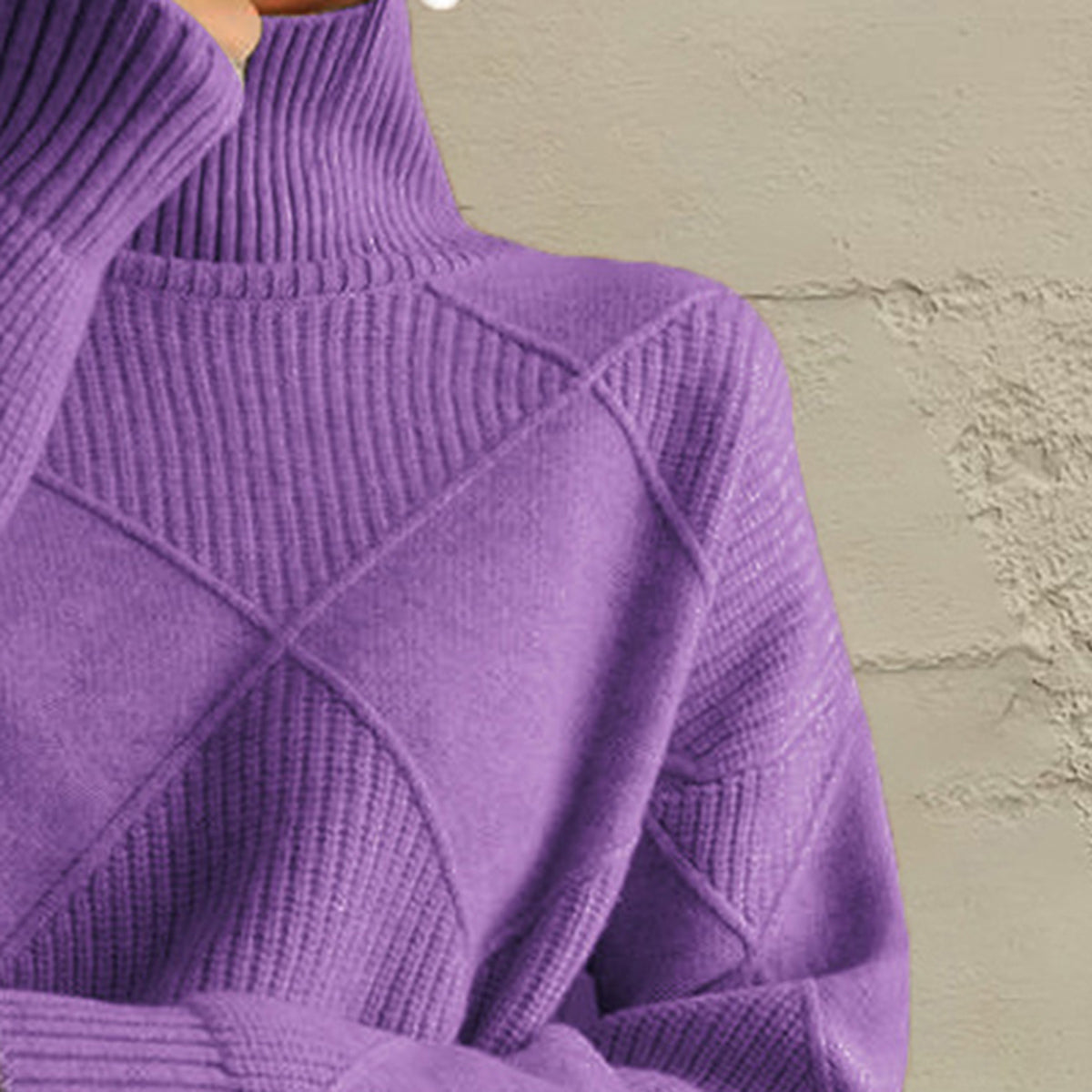 Deep Purple turtleneck sweater with diamond knit texture and ribbed details.