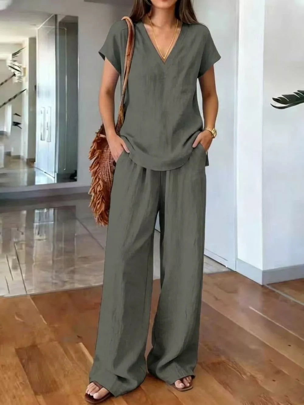 Full Size V-neck Short Sleeve Top And Pants Set in Light Brown, view 11