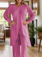 Pink draped overlay palazzo co-ord set with long sleeves and wide-leg pants.