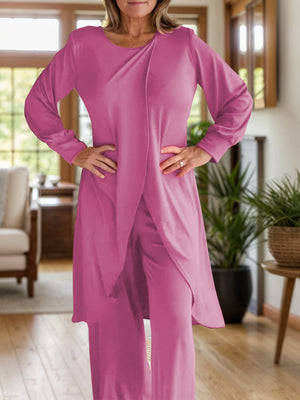 Pink draped overlay palazzo co-ord set with long sleeves and wide-leg pants.