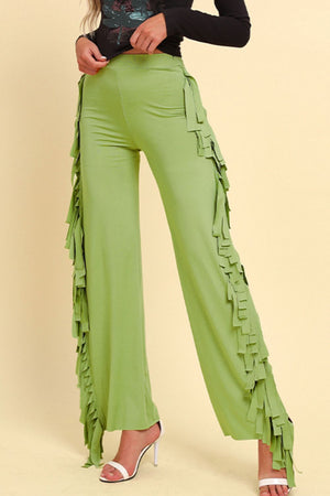 Yellow-green palazzo trousers with cascading fringe detail on the sides.