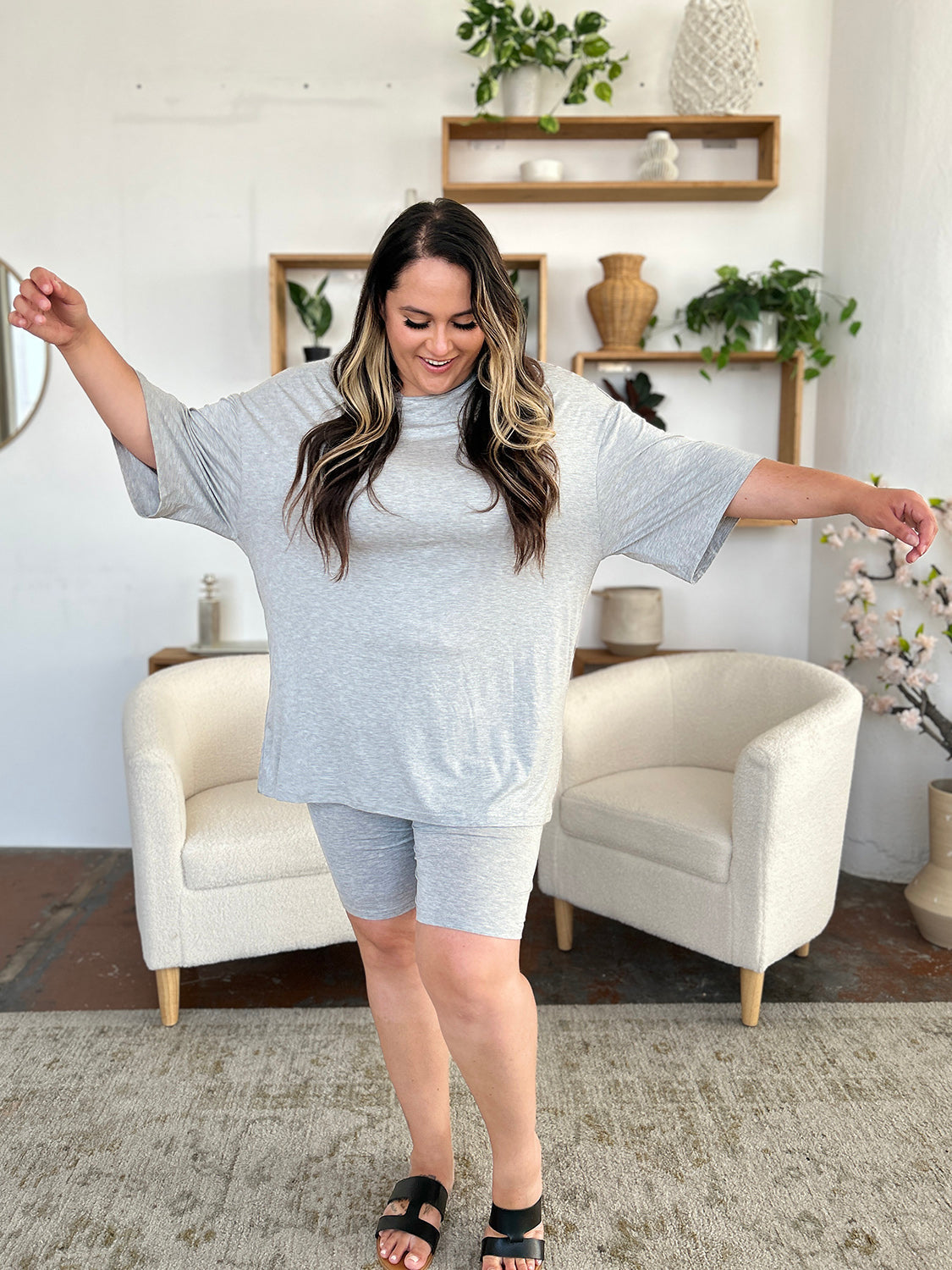 Gray oversized tee and biker short set made from bamboo fabric.
