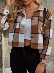 Boxy plaid cropped shacket in caramel with button front and chest pockets.