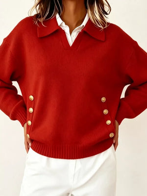 Red Collared Button-front Knit Sweater