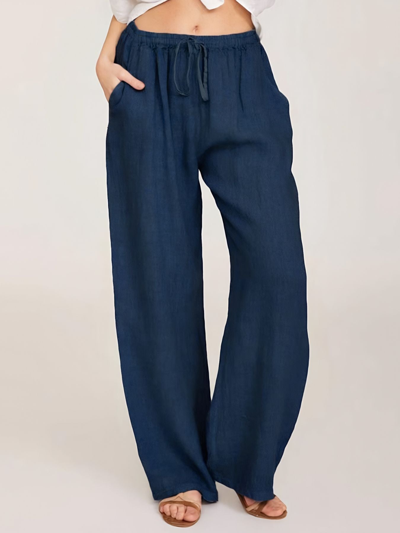 Navy drawstring wide leg casual pants with pockets