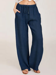 Navy drawstring wide leg casual pants with pockets