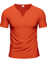 Men's orange cotton t-shirt with notched V-neck and short sleeves