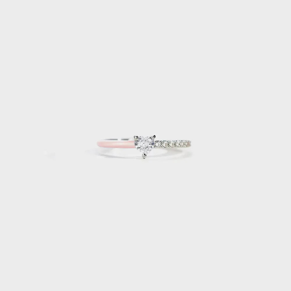 Enamel heart & pave band ring in blush pink sterling silver with cubic zirconia stones.
