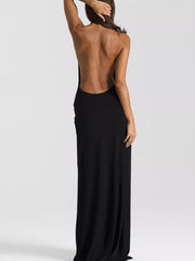 Black ruched halter neck maxi dress with a dramatic open back.