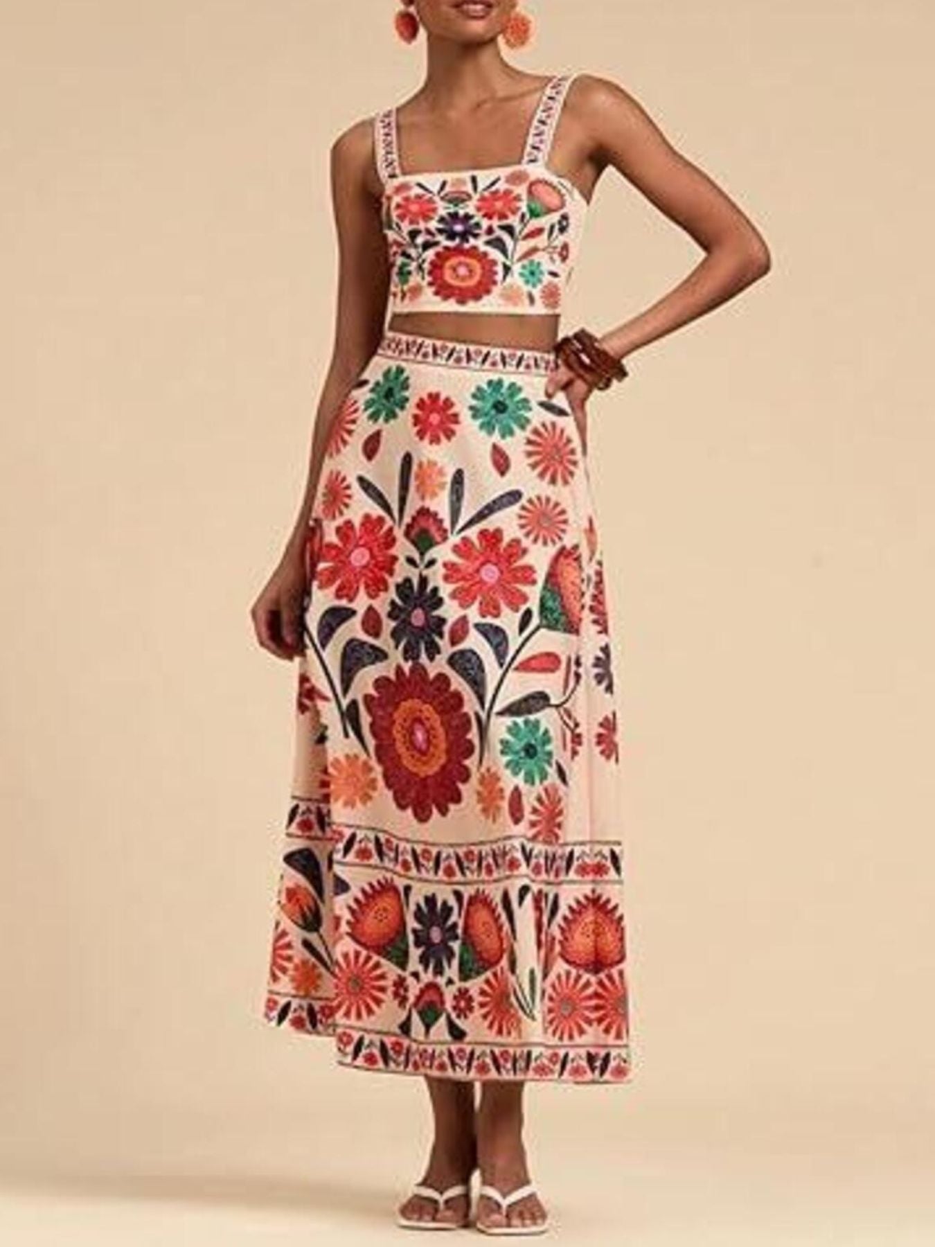 Floral print crop top and maxi skirt set in multicolor.