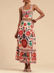 Floral print crop top and maxi skirt set in multicolor.