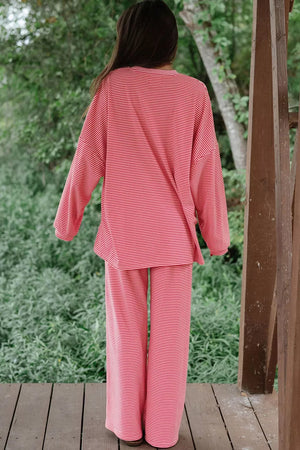 Striped Drop Shoulder Long Sleeve Top And Pants Set in Dusty Pink, model styling view