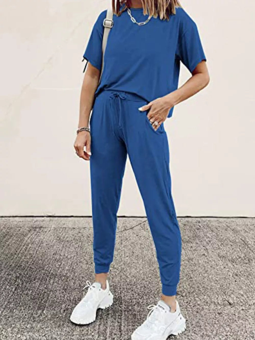 Blue cotton round neck top and jogger pants set with drawstring waist