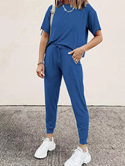 Blue cotton round neck top and jogger pants set with drawstring waist