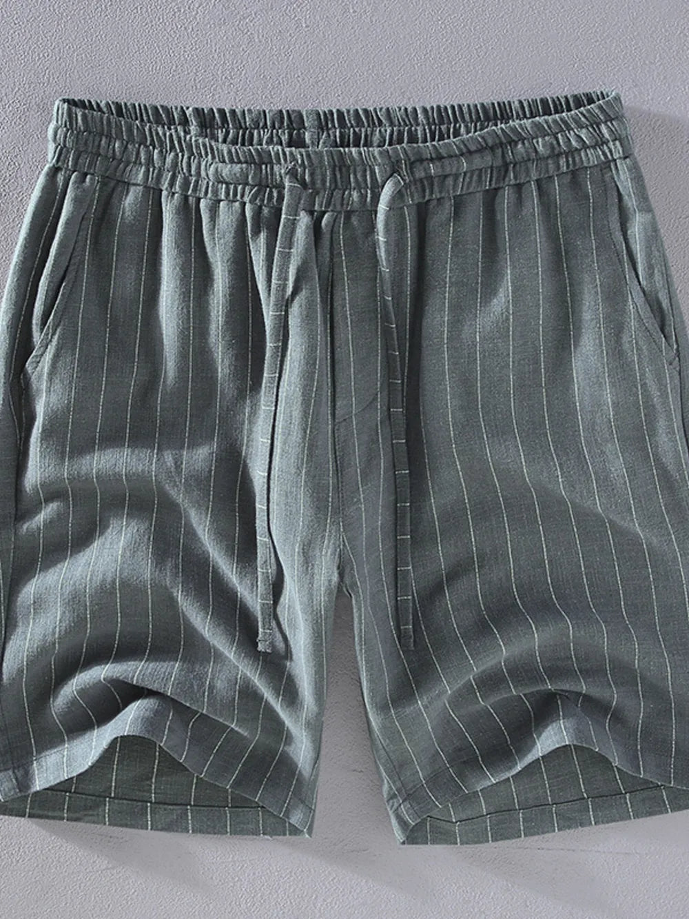 Grey striped drawstring chino shorts with pockets