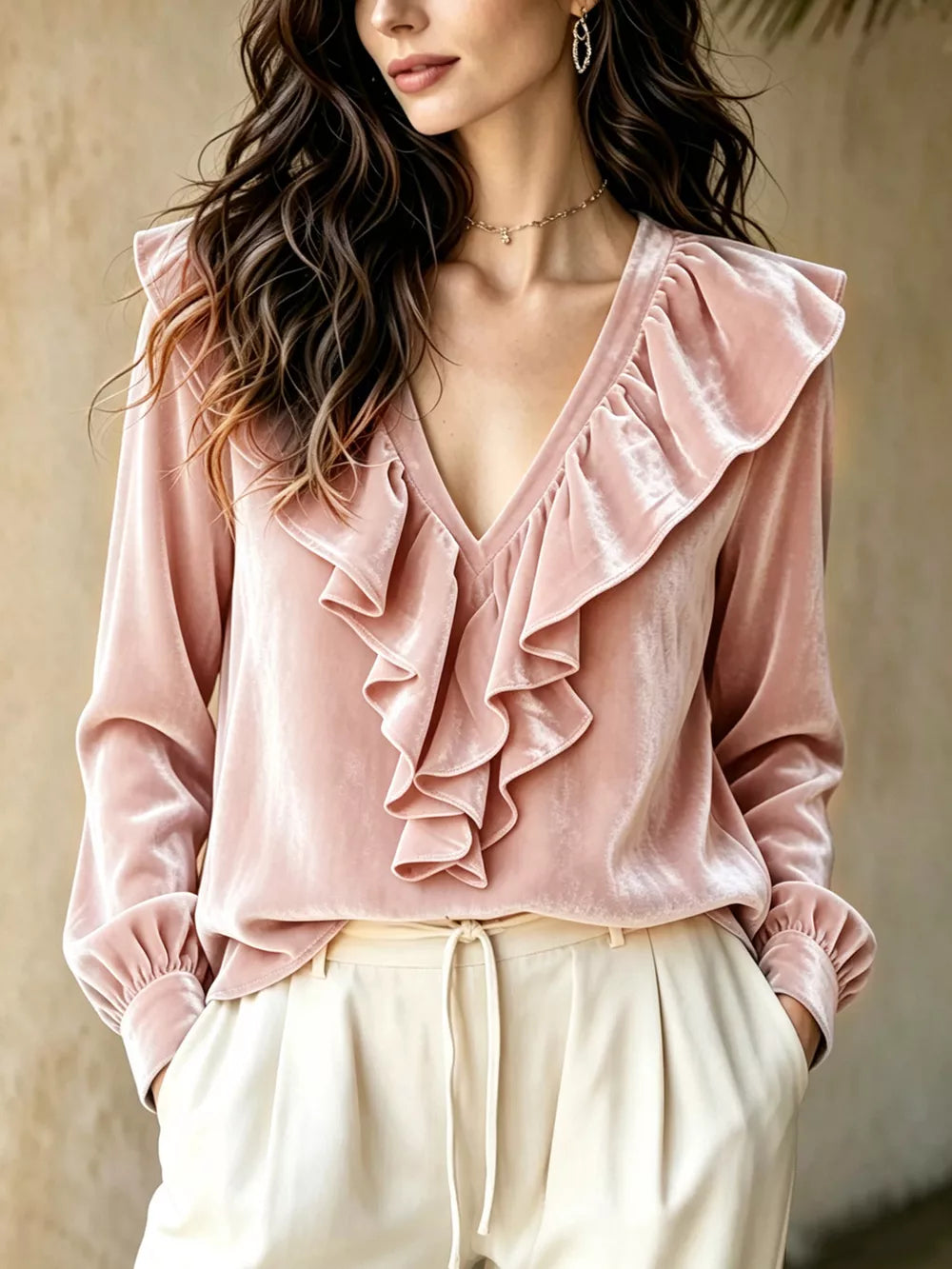 V-neck Long-sleeve Top in Sky Blue, editorial view