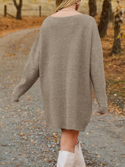 Oversized ribbed knit mini dress in tan with a boat neck and long sleeves.