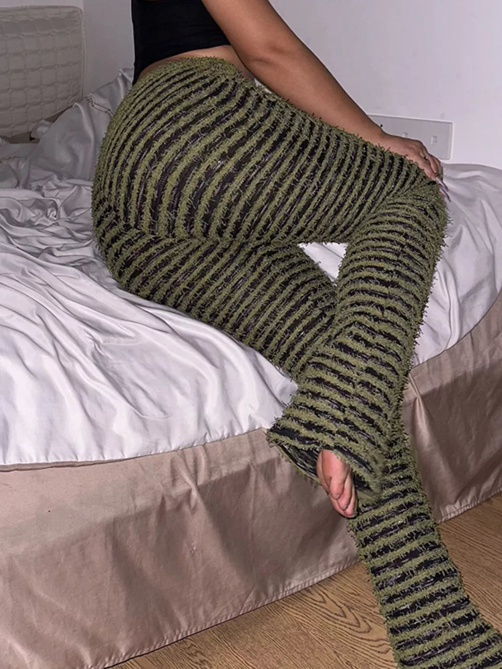 Striped Fuzzy Knit Pants in Army Green, alternate angle