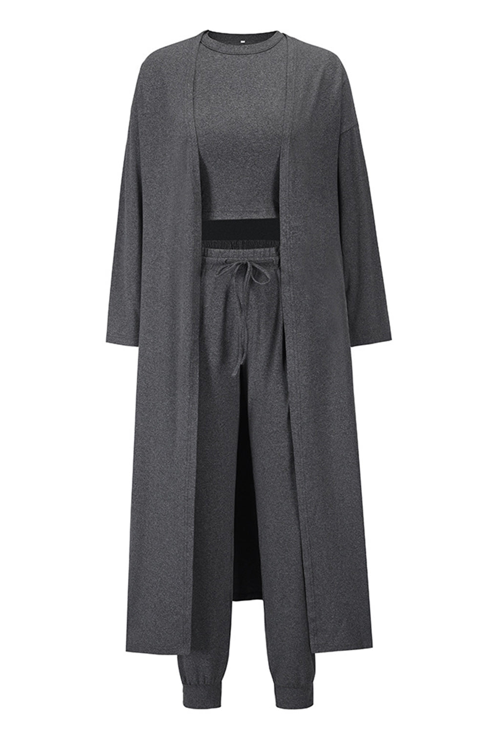 Dark gray loungewear set with long cardigan, crop top, and drawstring pants.