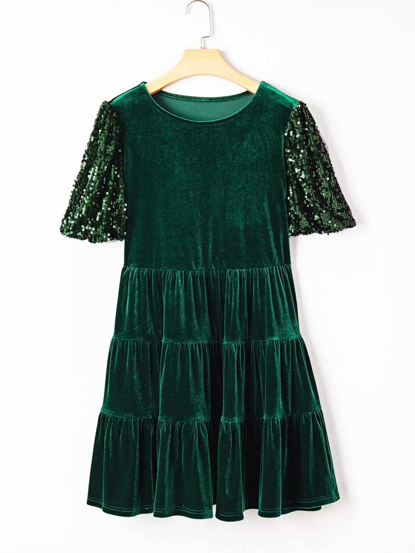 Dark green velvet tiered mini dress with sequin puff sleeves