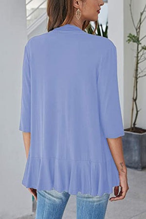 Lavender cardigan with 3/4 sleeves and ruffled asymmetric hemline