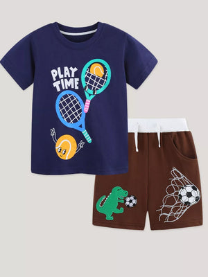 Navy graphic tee and brown shorts set with playful sports prints for baby boys.