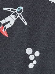 Kids dark gray cotton crew neck t-shirt with astronaut surfing and planets graphic.