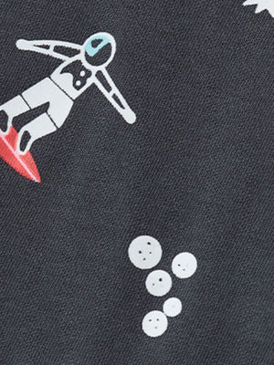 Kids dark gray cotton crew neck t-shirt with astronaut surfing and planets graphic.